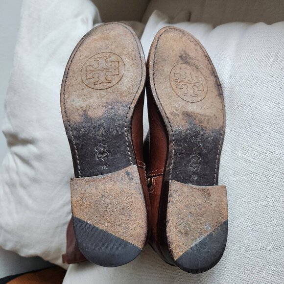 Sz7 Tory Burch Patterson Brown Leather Riding Boots with Gold Medallion Logo - Picture 10 of 13